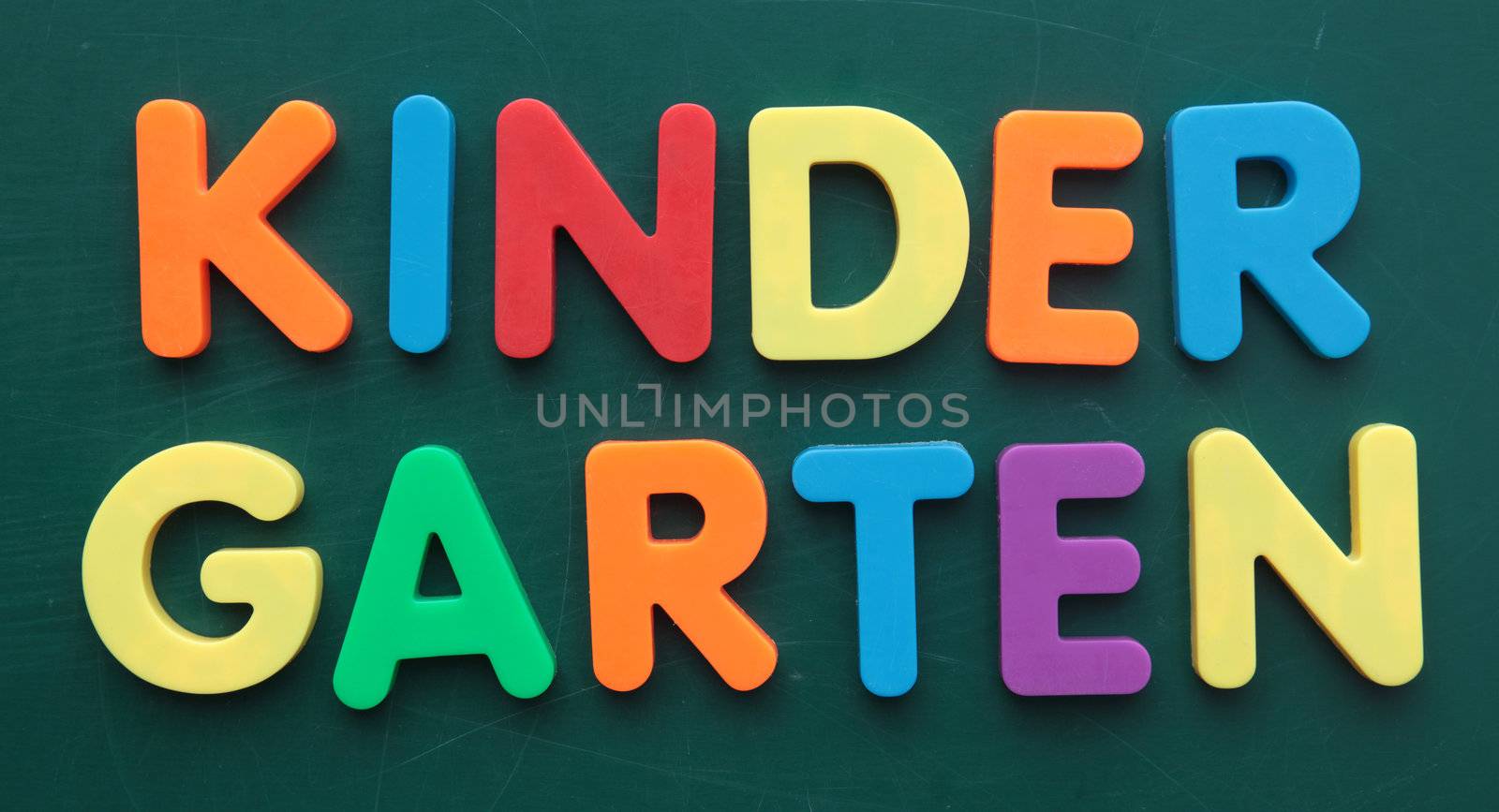 The term Kindergarten in colorful letters on a blackboard.