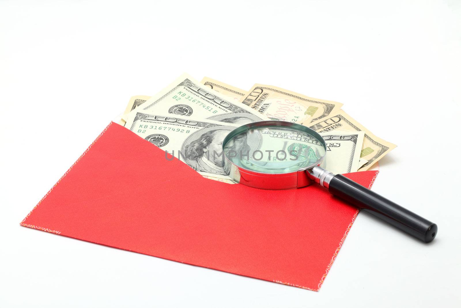 Magnifying glass on Money Dollar Cash Currency Banknote Background Using for Healthy Financial and Insurance Concept
