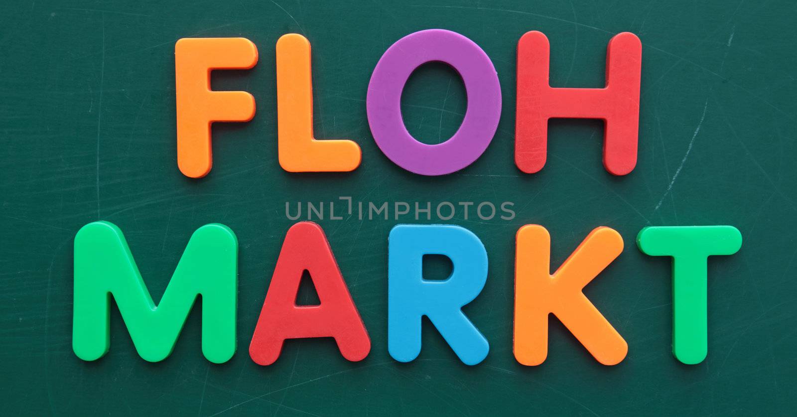 The german term for flea market in colorful letters on a blackboard.