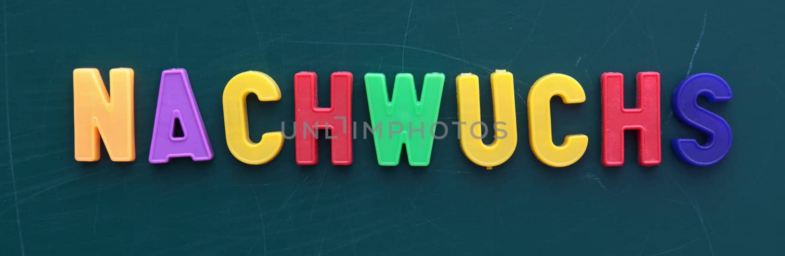 The german term for offspring in colorful letters on a blackboard.
