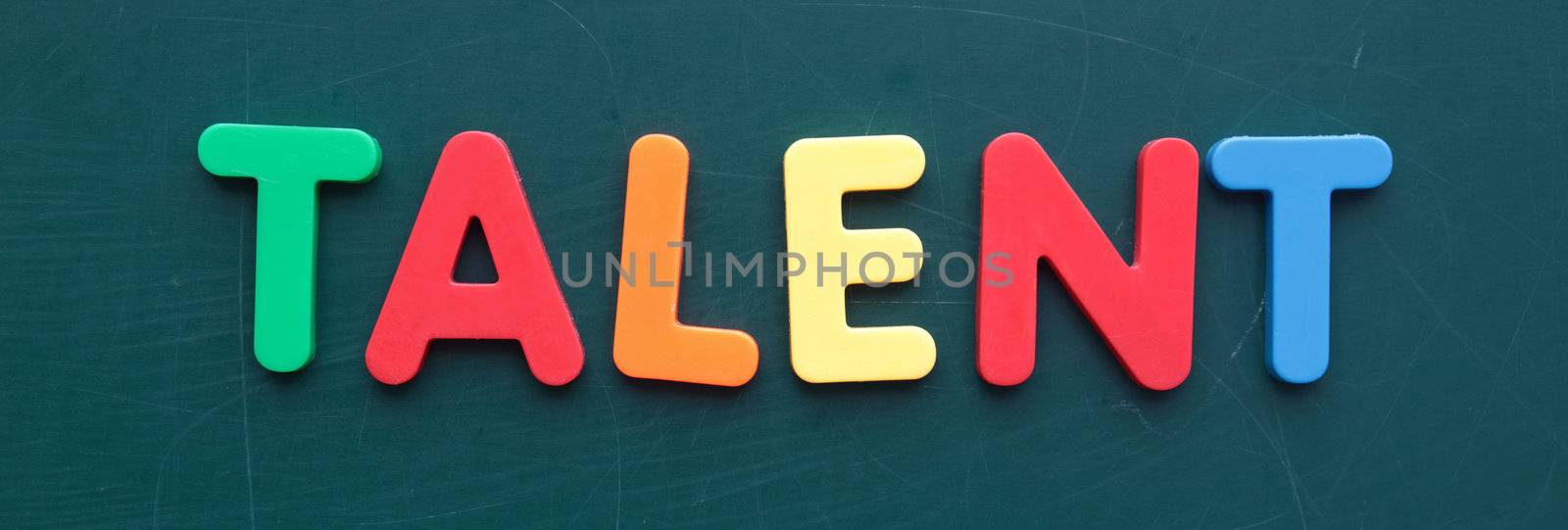 The term for talent in colorful letters on a blackboard.