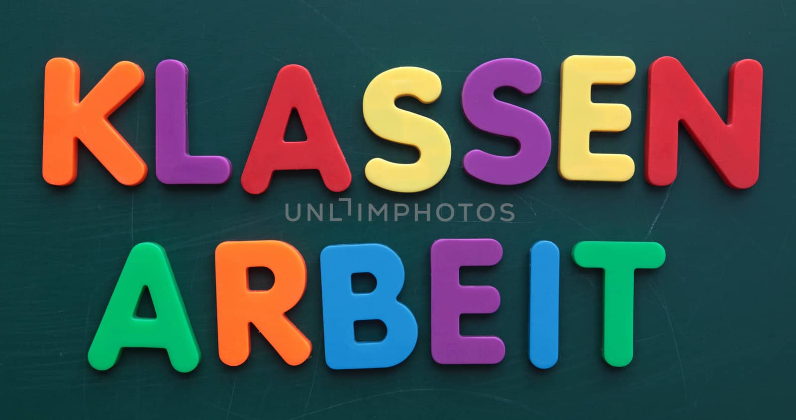 The german term for class test in colorful letters on a blackboard.