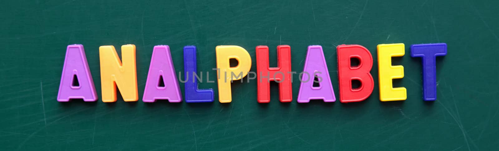 The German term analphabet in colorful letters on a blackboard.