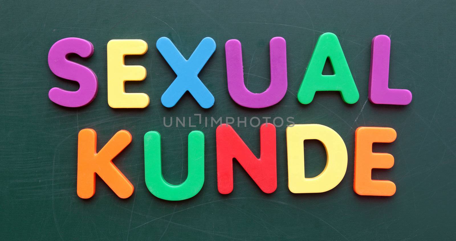 The german term sexual education in colorful letters on a blackboard.