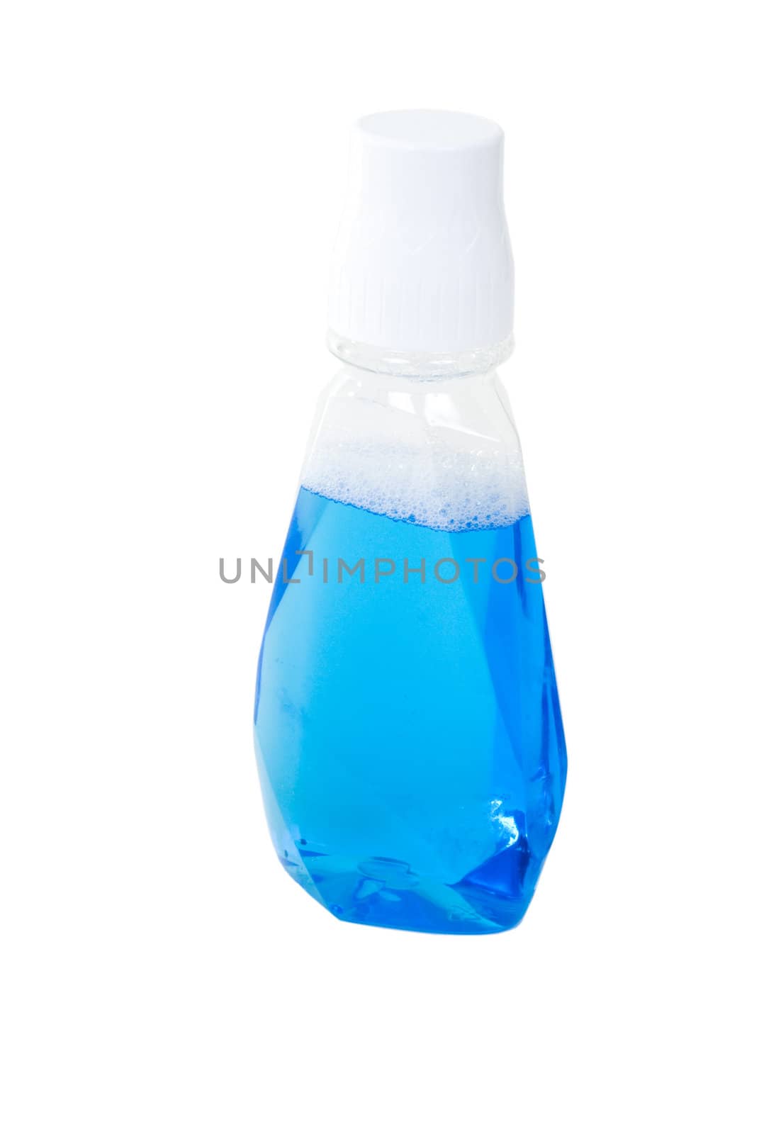 A half full plastic bottle of blue liquid.