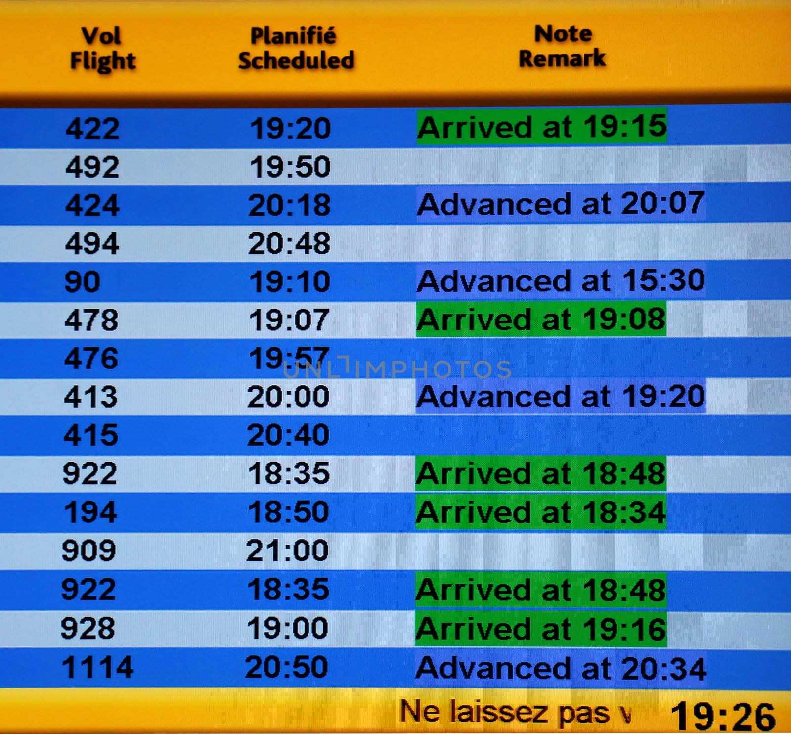 Airport information board, arriving flights.