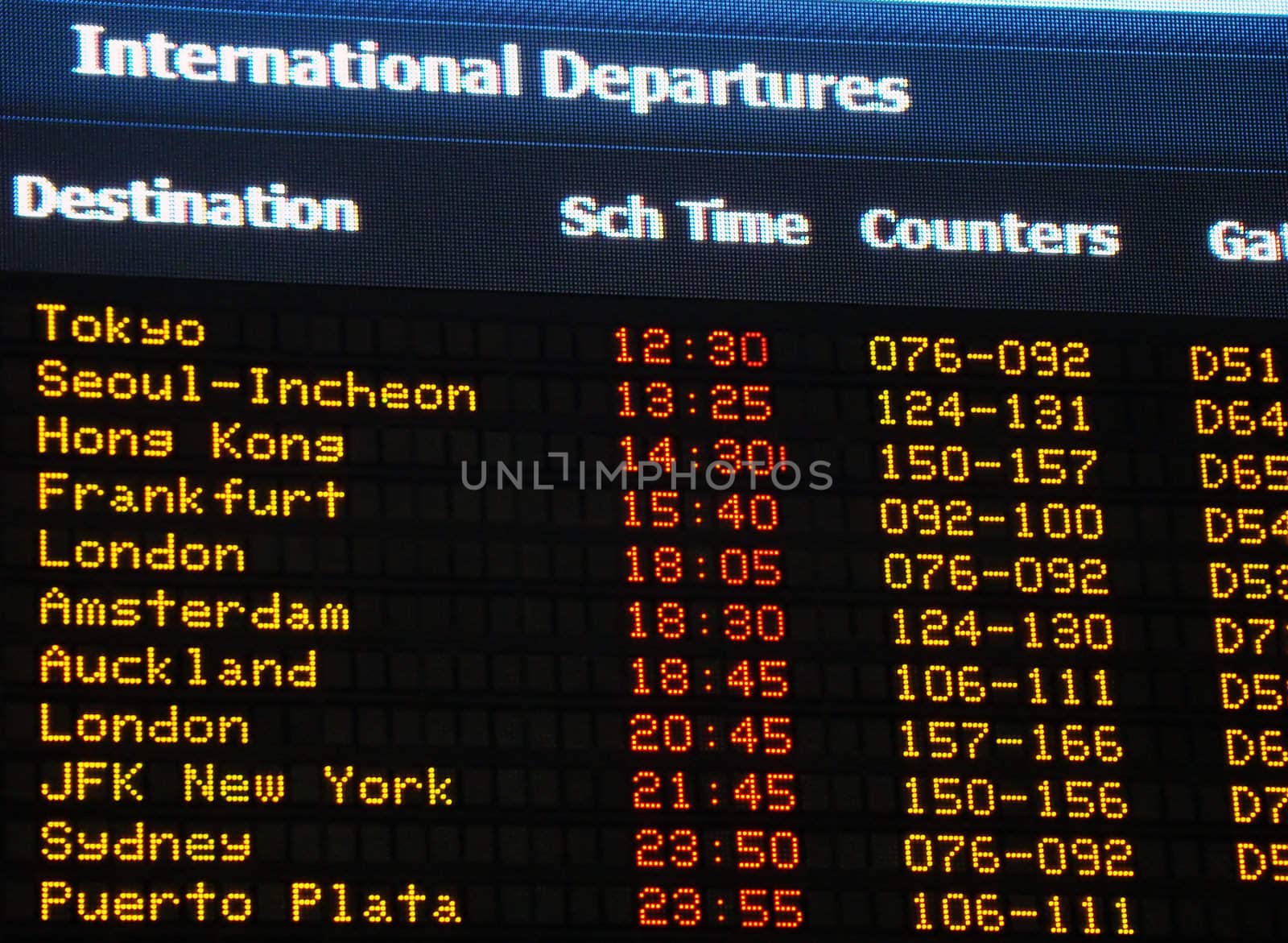Canadian airport information board, international departures.