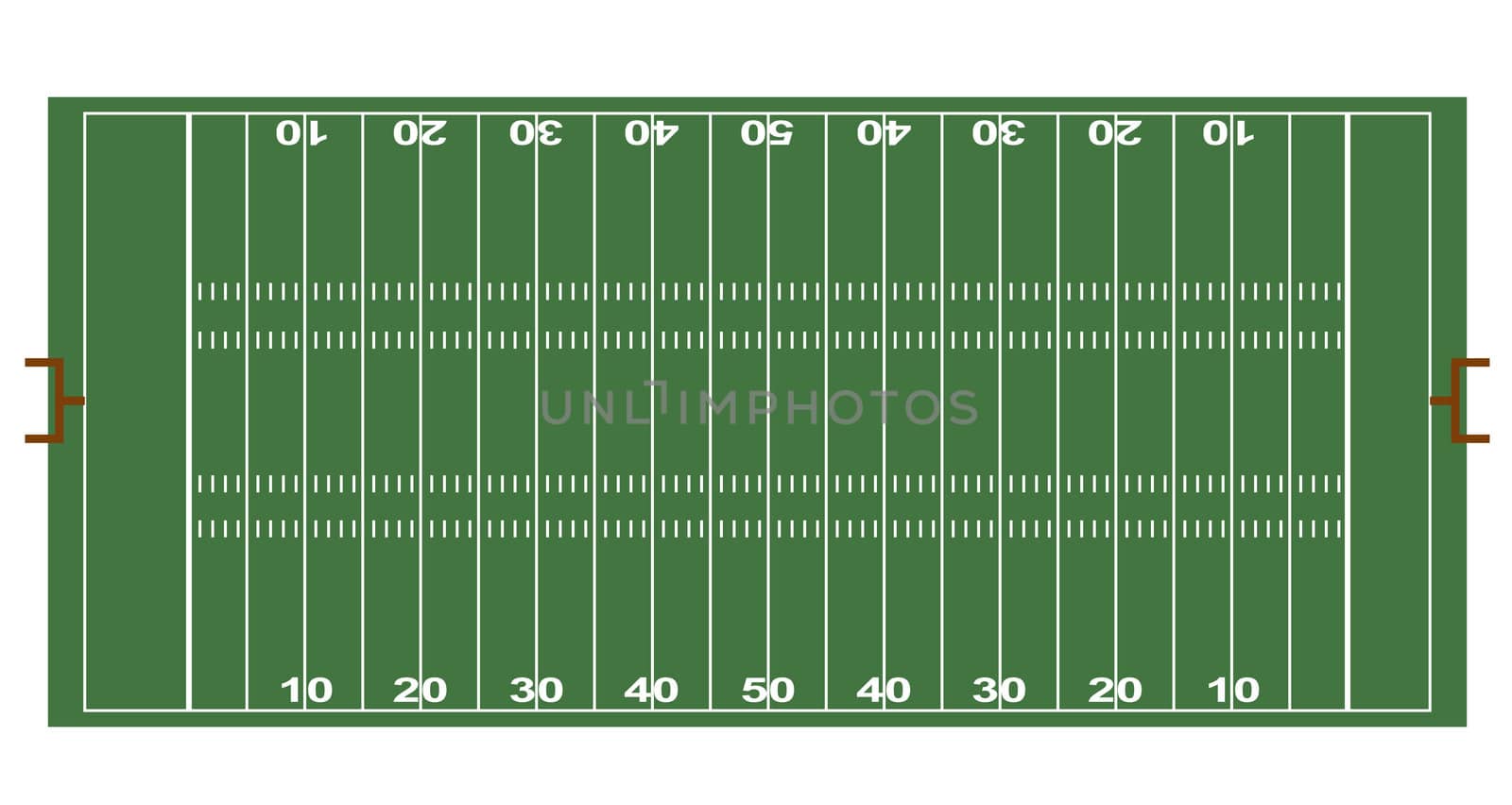 A stylized ground of American football showing all relveant lines. All on white background.