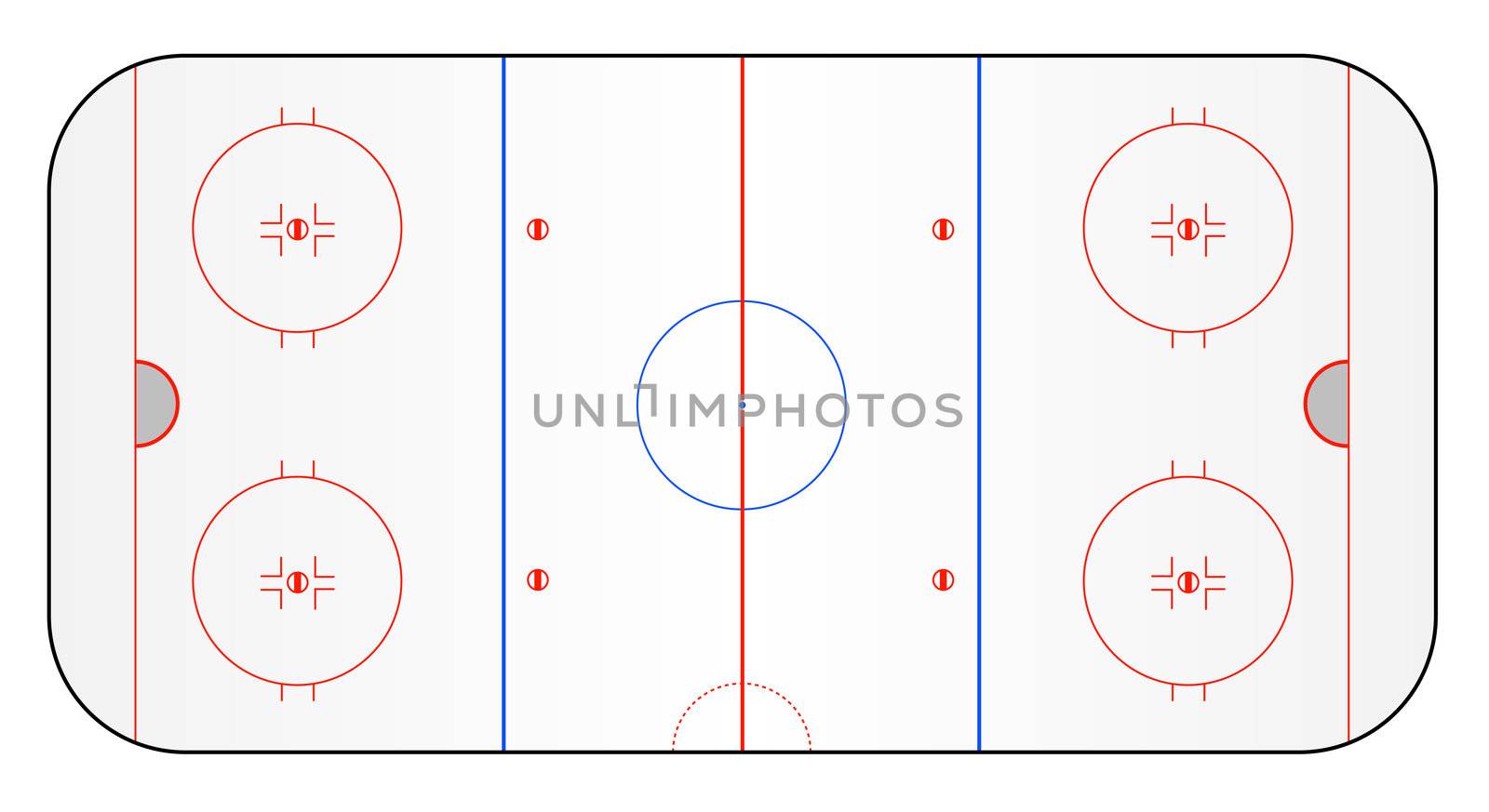 A stylized ice hockey ground showing all relevant lines. All on white background.