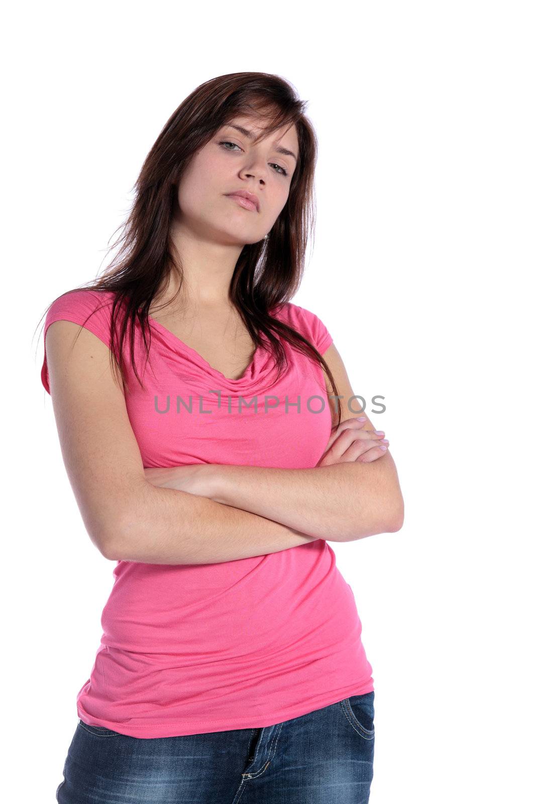 A skeptic young woman. All on white background. 