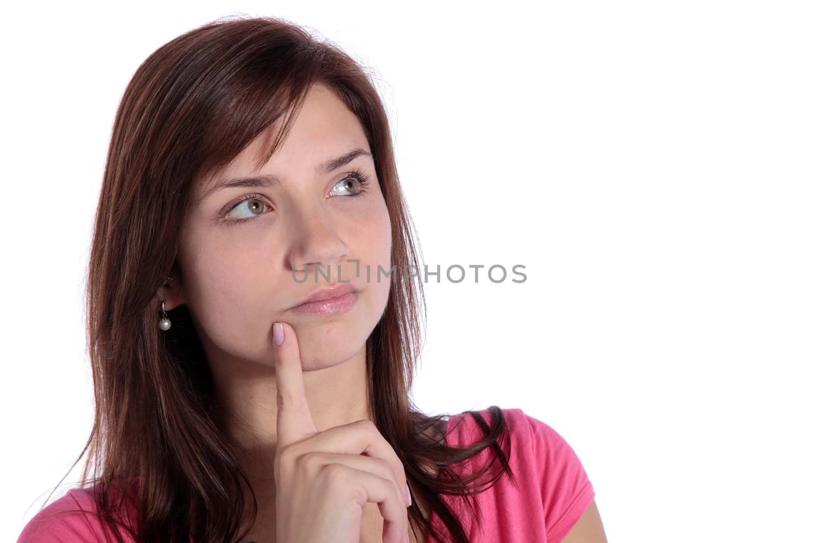 An attractive young woman deliberates a decision. All on white background. 