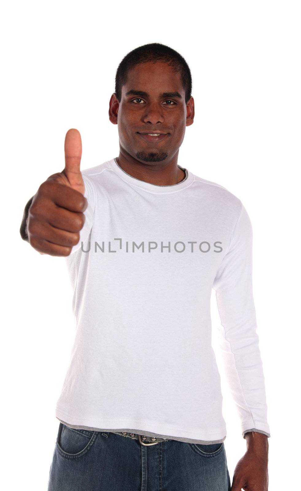 An attractive dark-skinned man making a positive gesture. All on white background. 