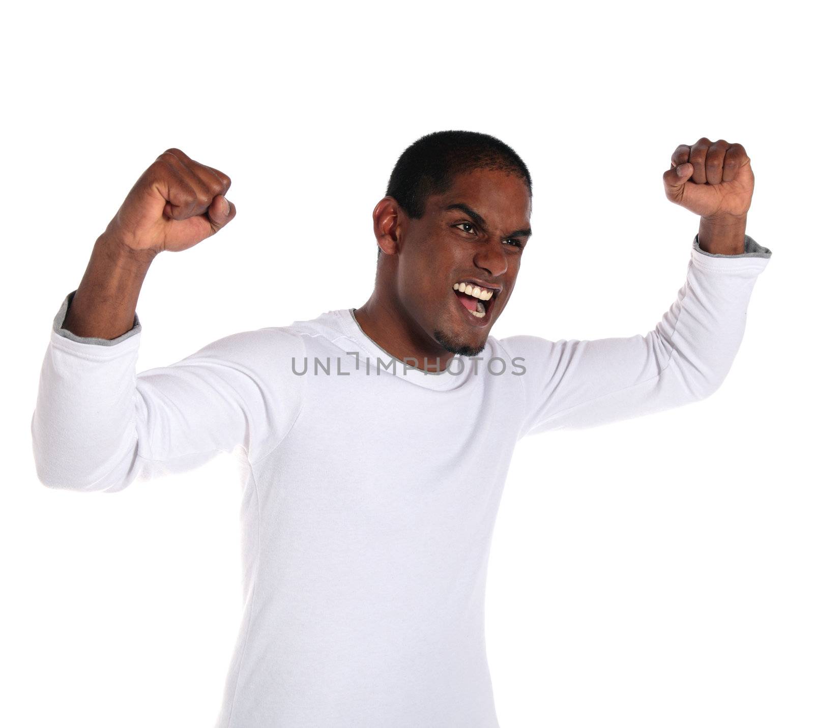 An attractive dark-skinned man cheering. All on white background. 