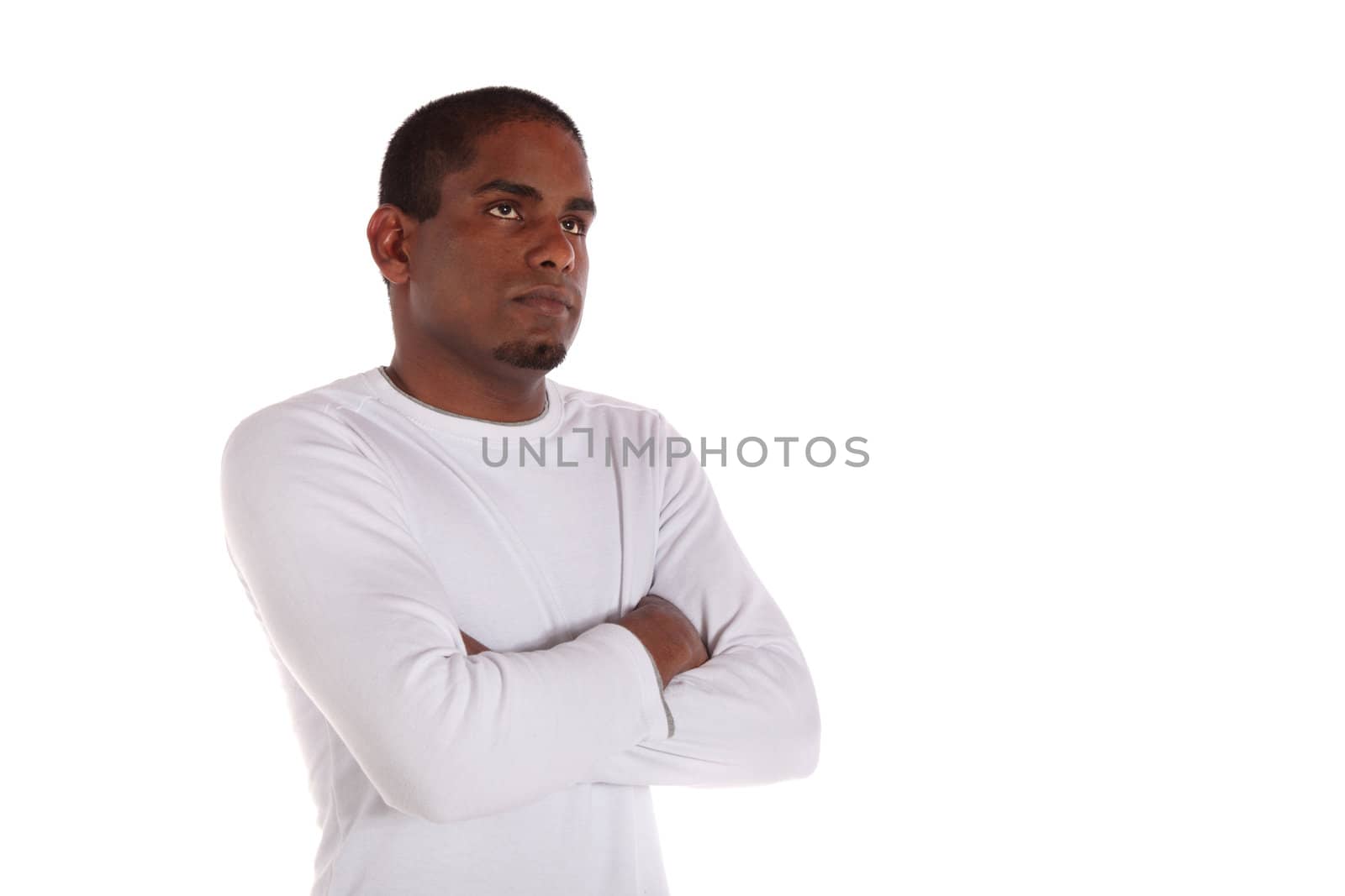 An attractive dark-skinned man. All on white background.