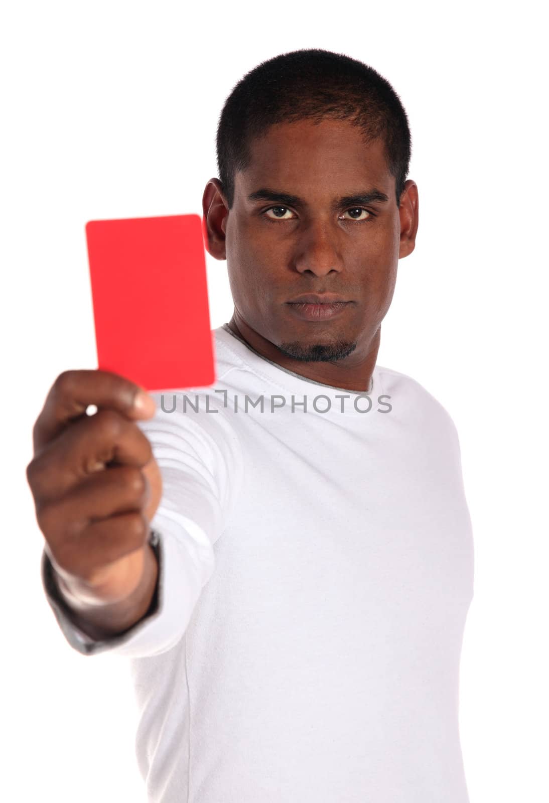 An attractive dark-skinned man showing the red card. All on white background.