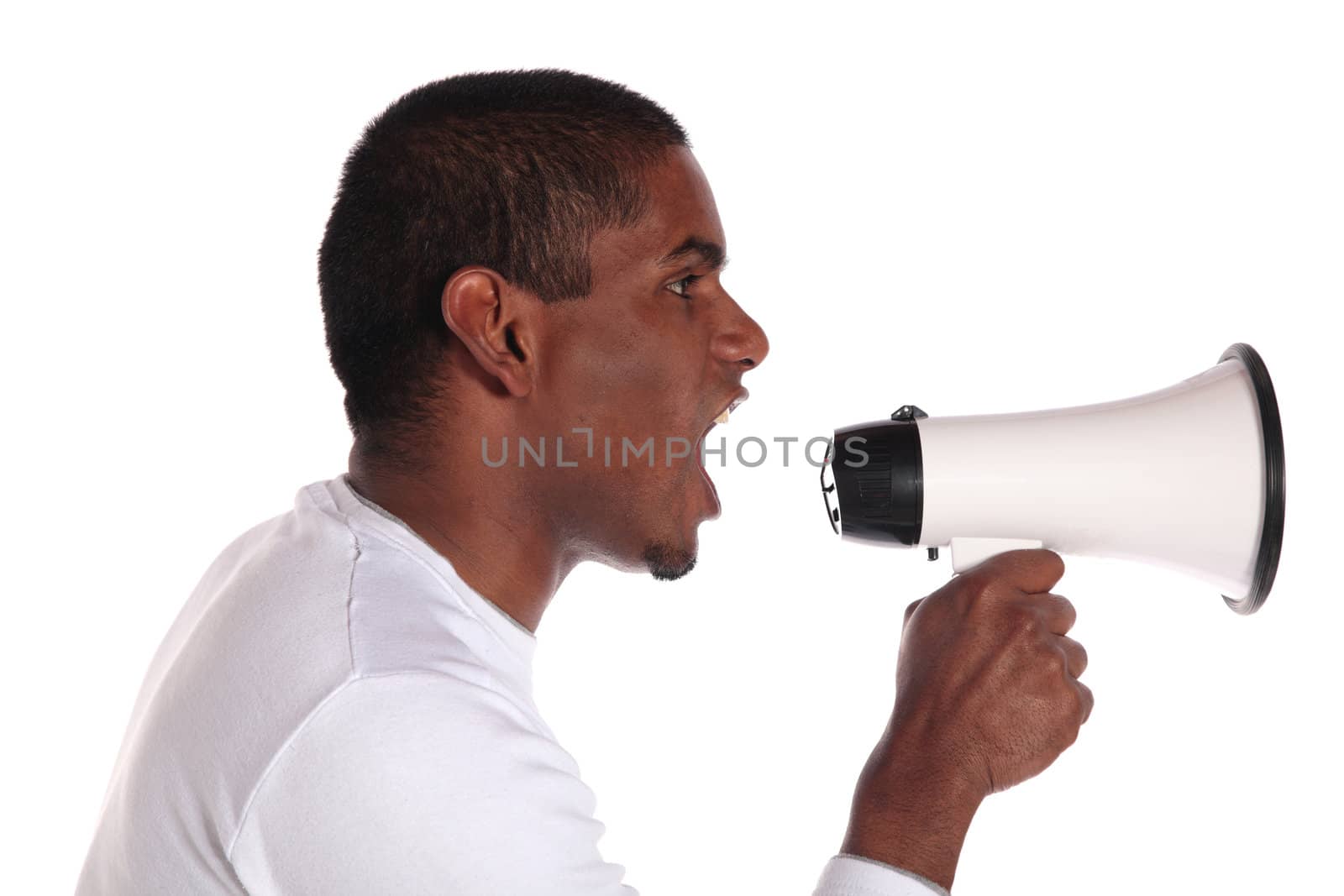 An attractive dark-skinned man using a megaphone. All on white background.