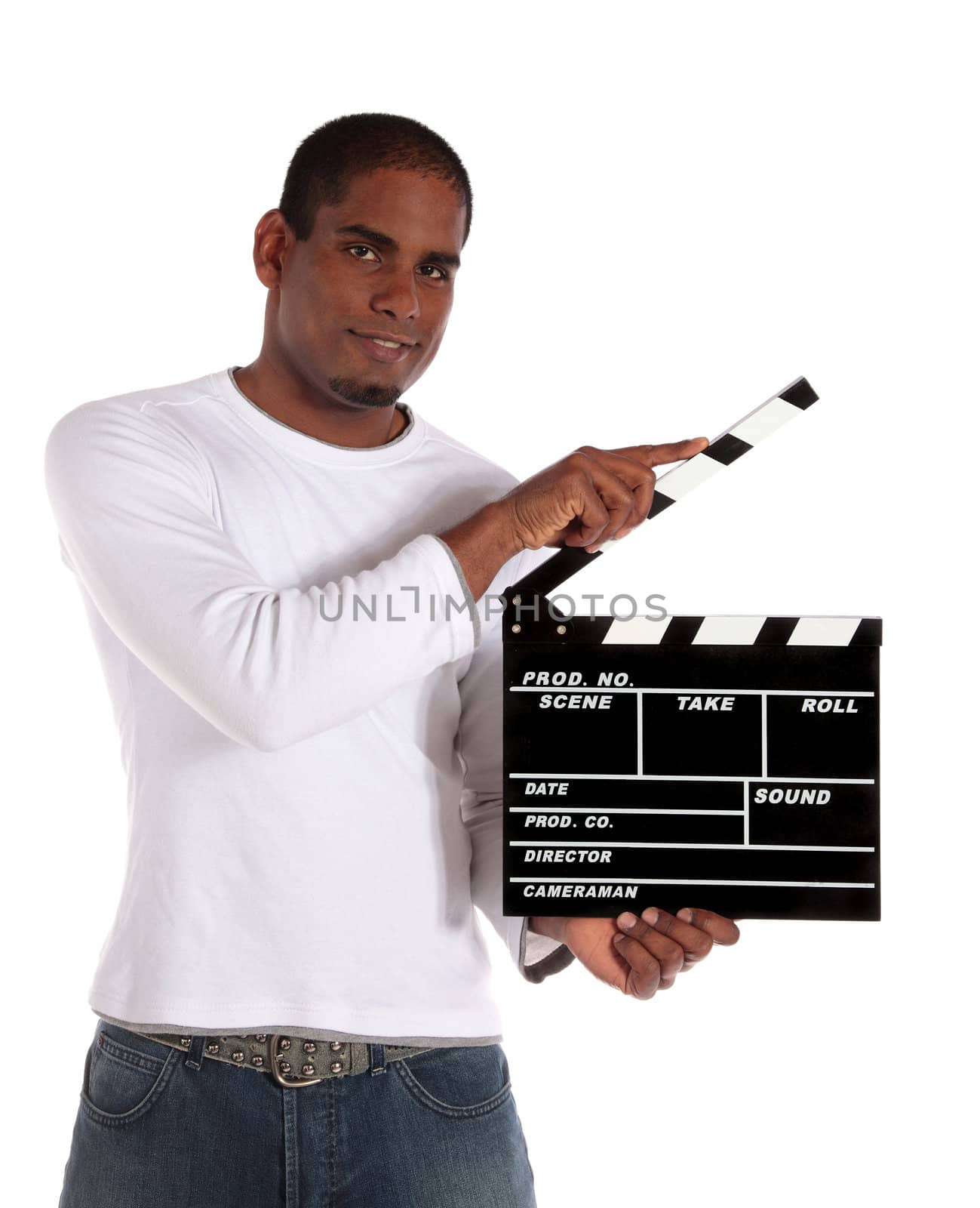 An attractive dark-skinned man using a clapperboard. All on white background.