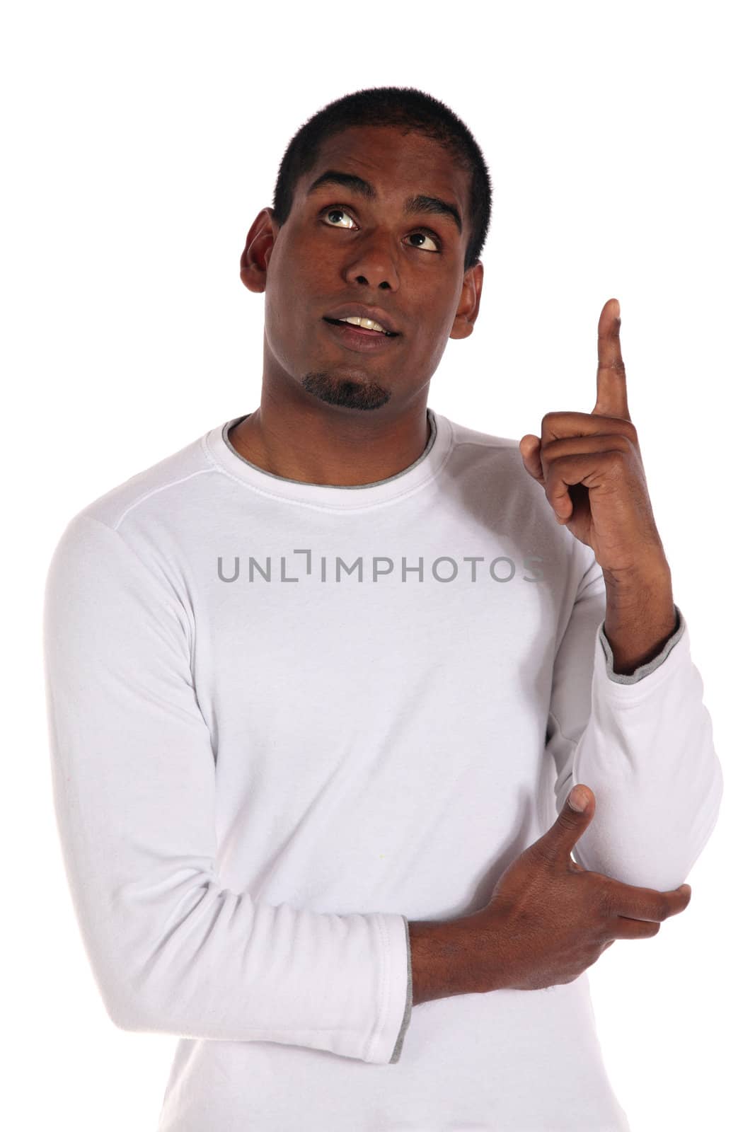 An attractive dark-skinned man got an idea. All on white background.