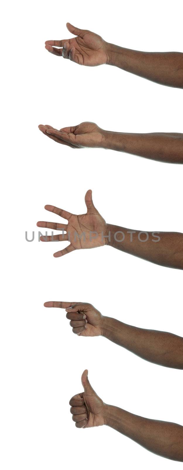 A dark-skinned human hand with several gestures. All on white background.