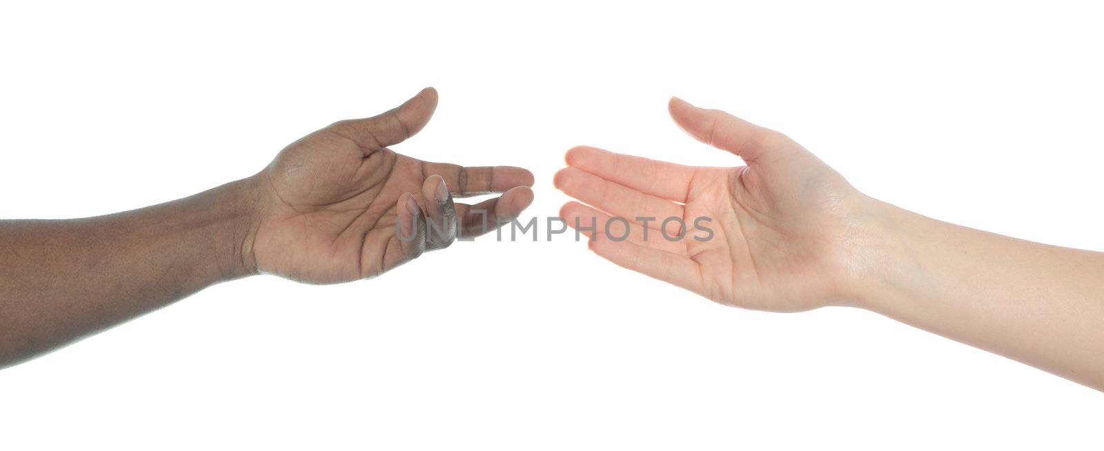 Two persons of different skin color reaching hands. All on white background.