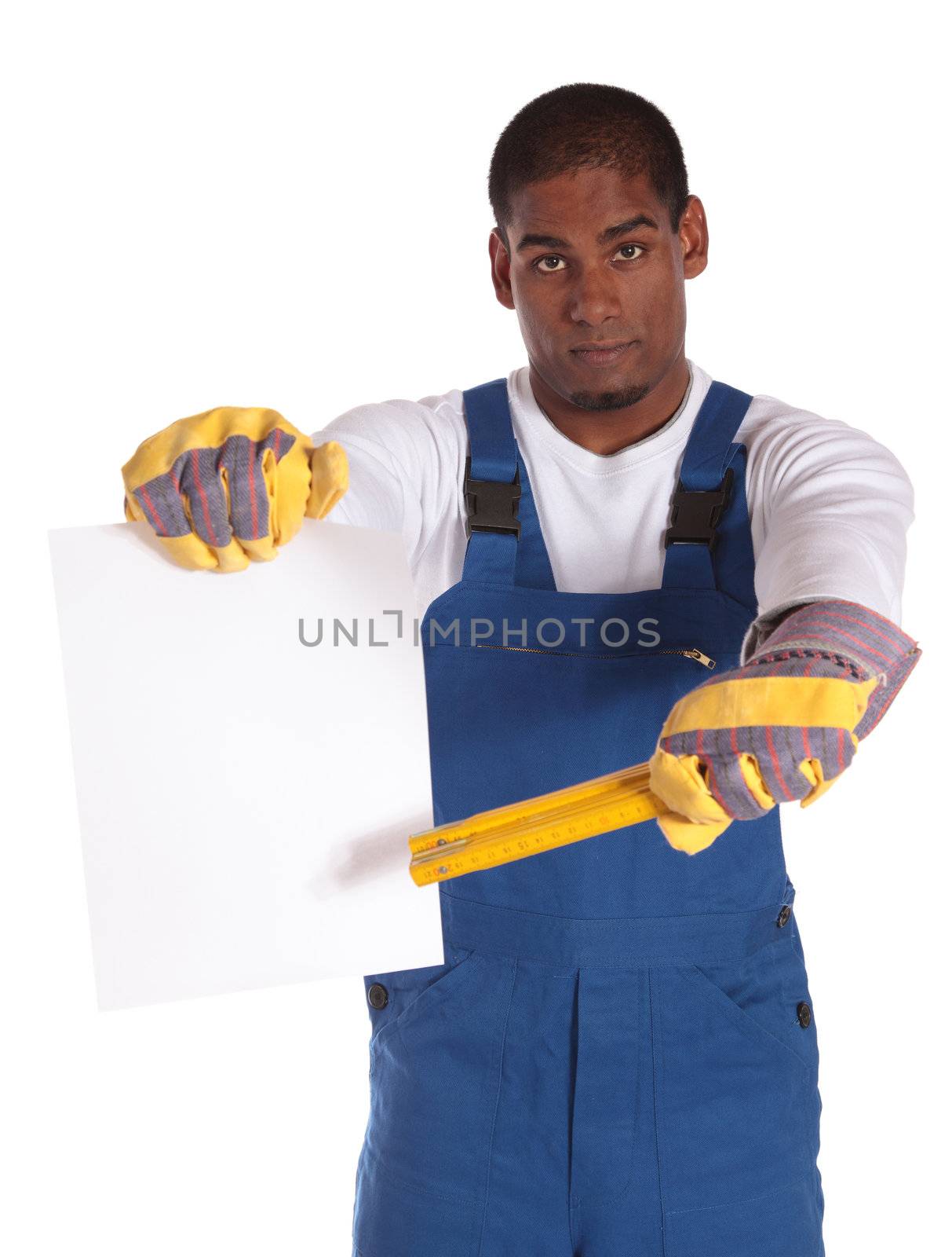 An attractive dark-skinned worker in bad mood pointing at a blank sheet of paper. All on white background. Sheet kept blank for individual text. 