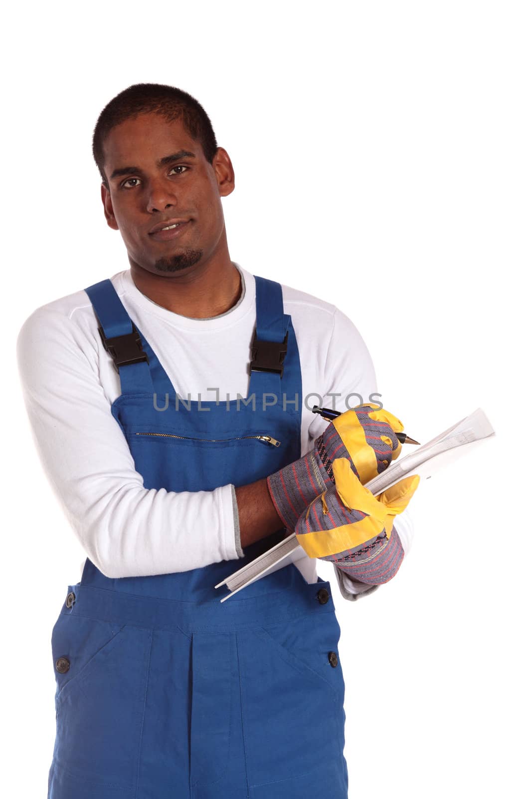 A motivated dark-skinned worker during stocktaking. All on white background.