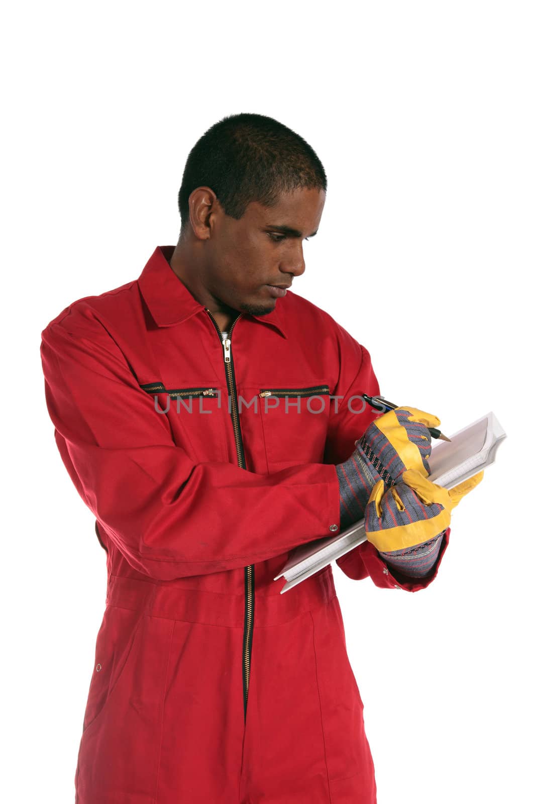 An ambitious dark-skinned worker during stocktaking. All on white background.