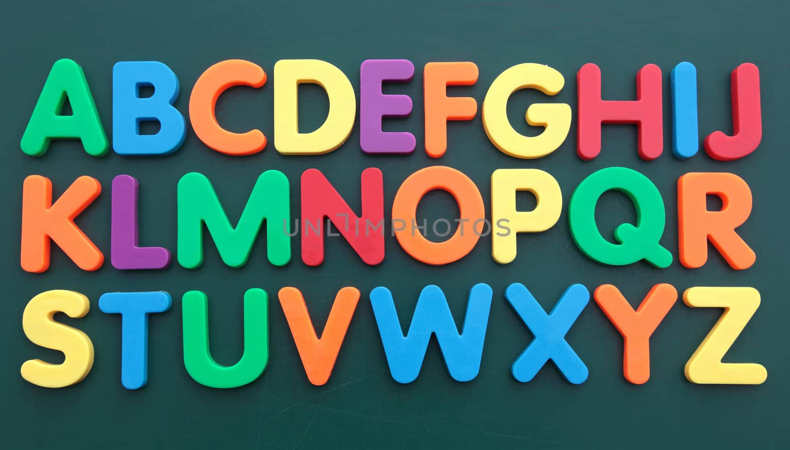The alphabet in multicolored bold letters on a blackboard.