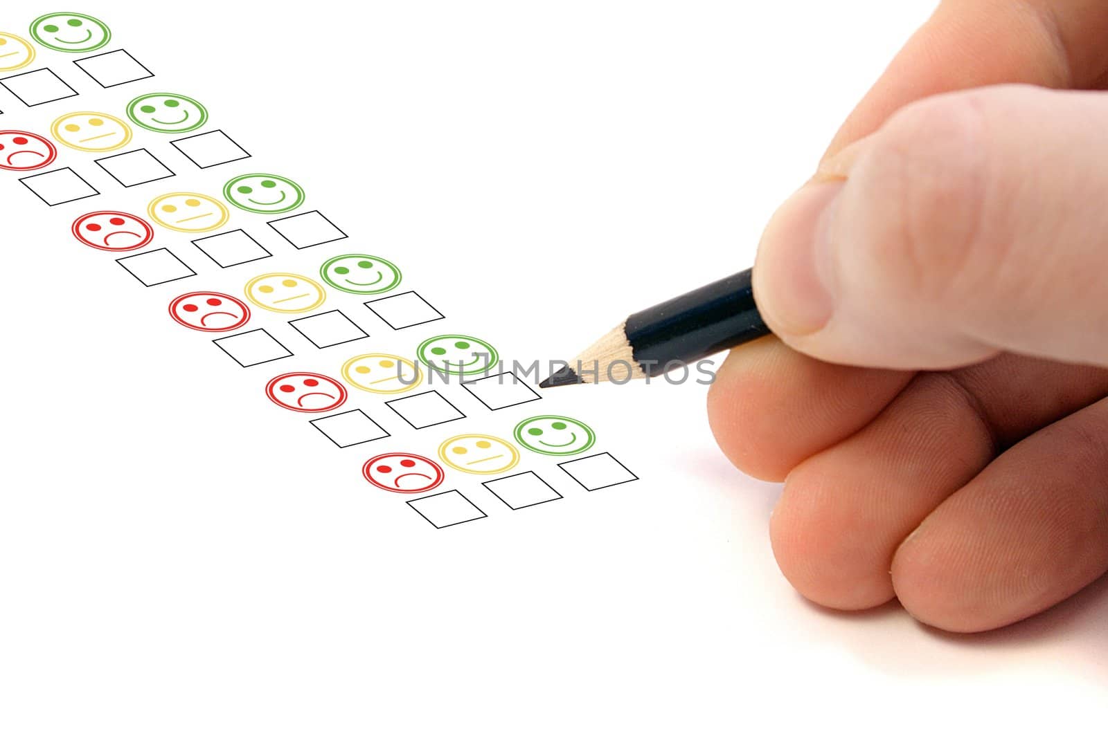 A person fills out an opinion poll. All on white background.