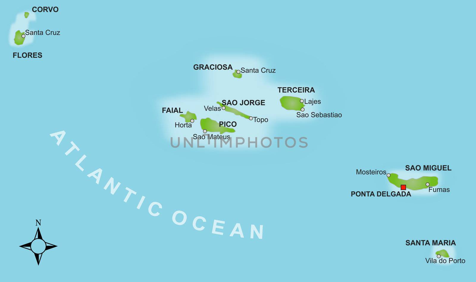 A stylized map of the Azores showing the different islands and several cities.