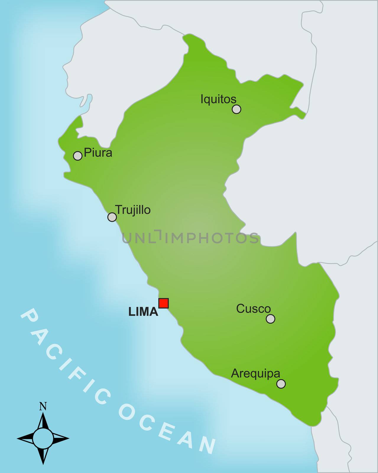 A stylized map of Peru showing different cities and nearby countries.