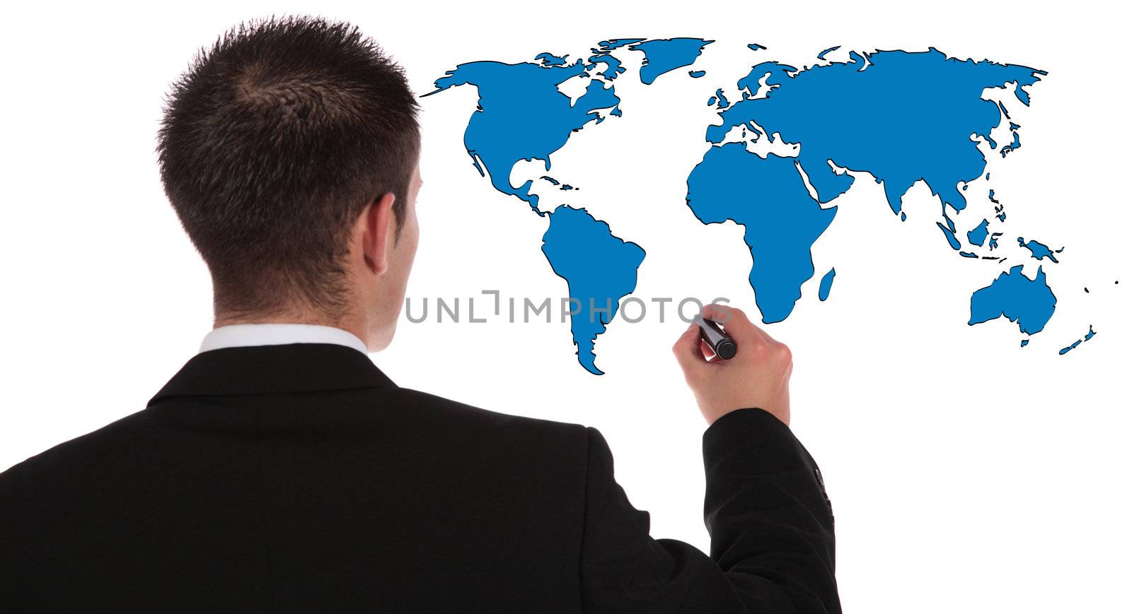 Back view of a handsome businessman presenting concepts of global market expansion. All on white background.