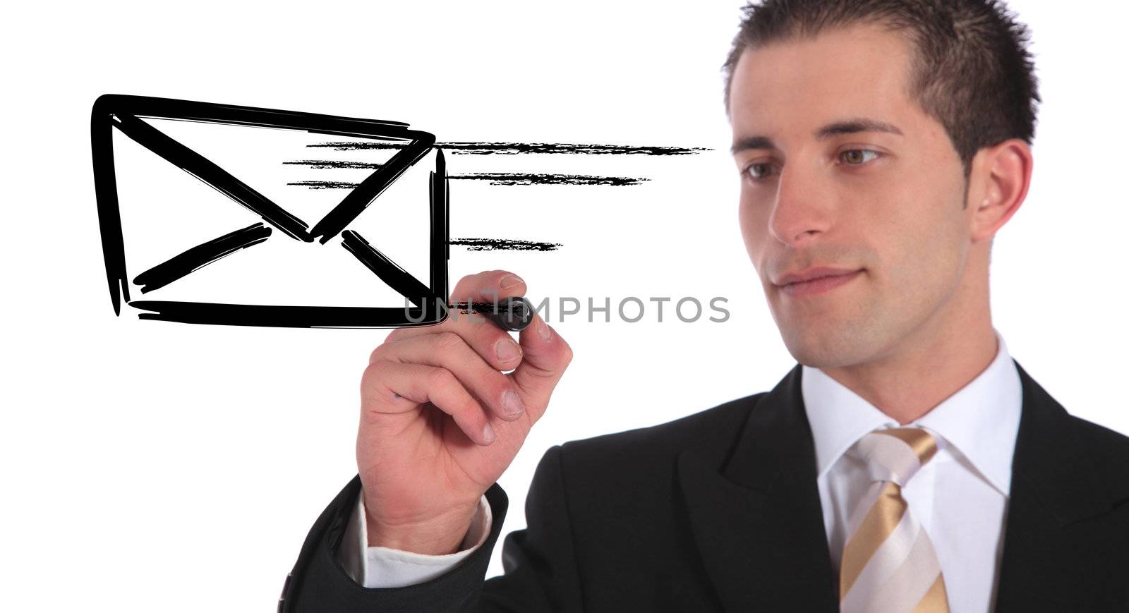 A handsome businessman sketching a flying envelope. All on white background.