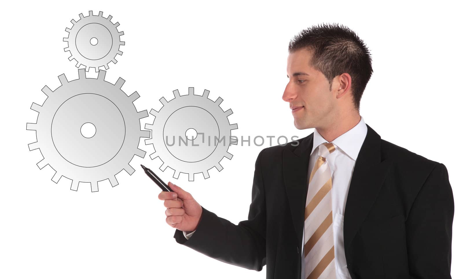 A handsome businessman explaining dependences. All on white background.