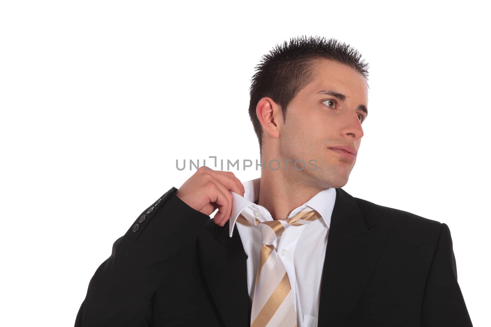 An exhausted businessman after work. All on white background.