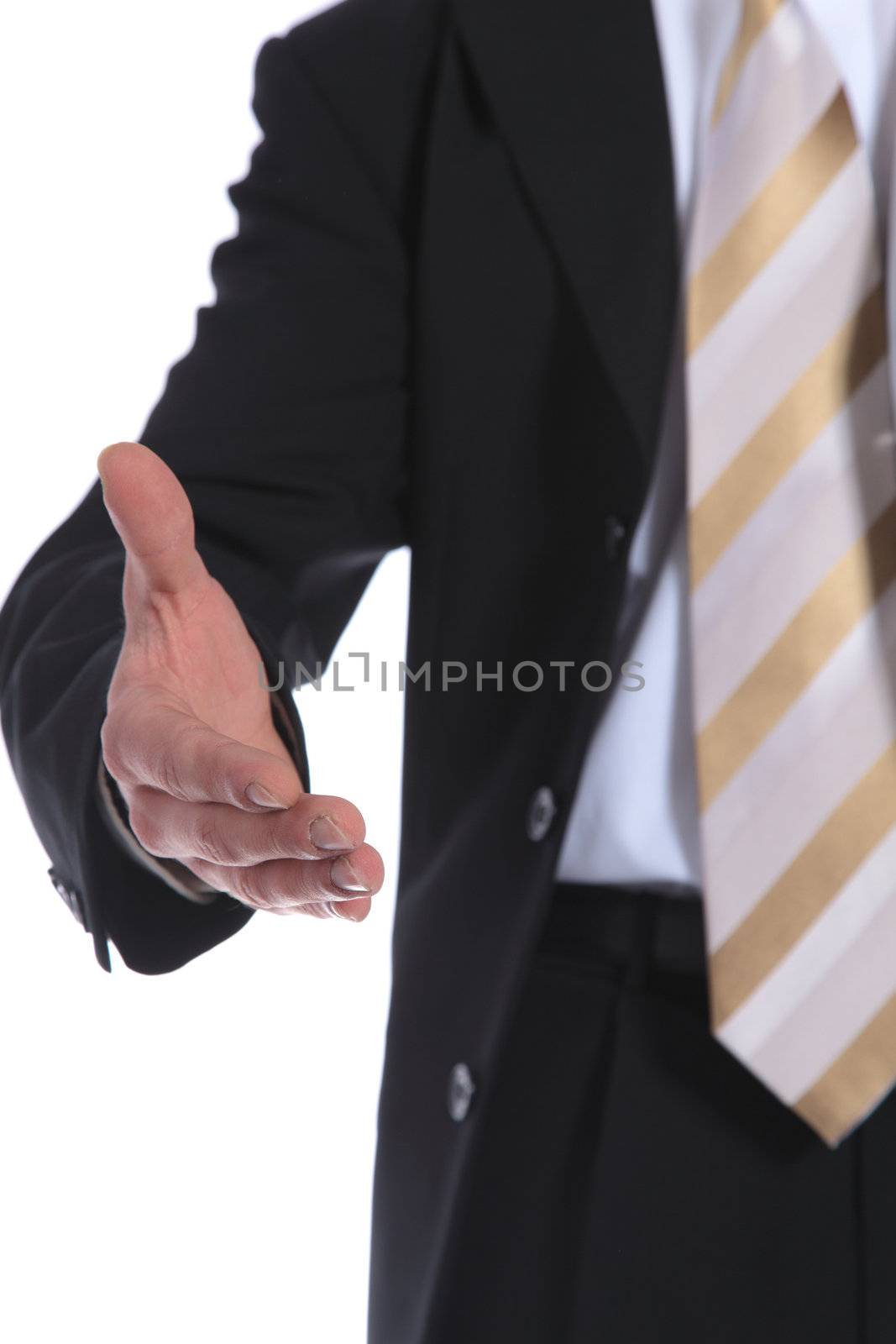 A businessman reaches out to somebody. All on white background.