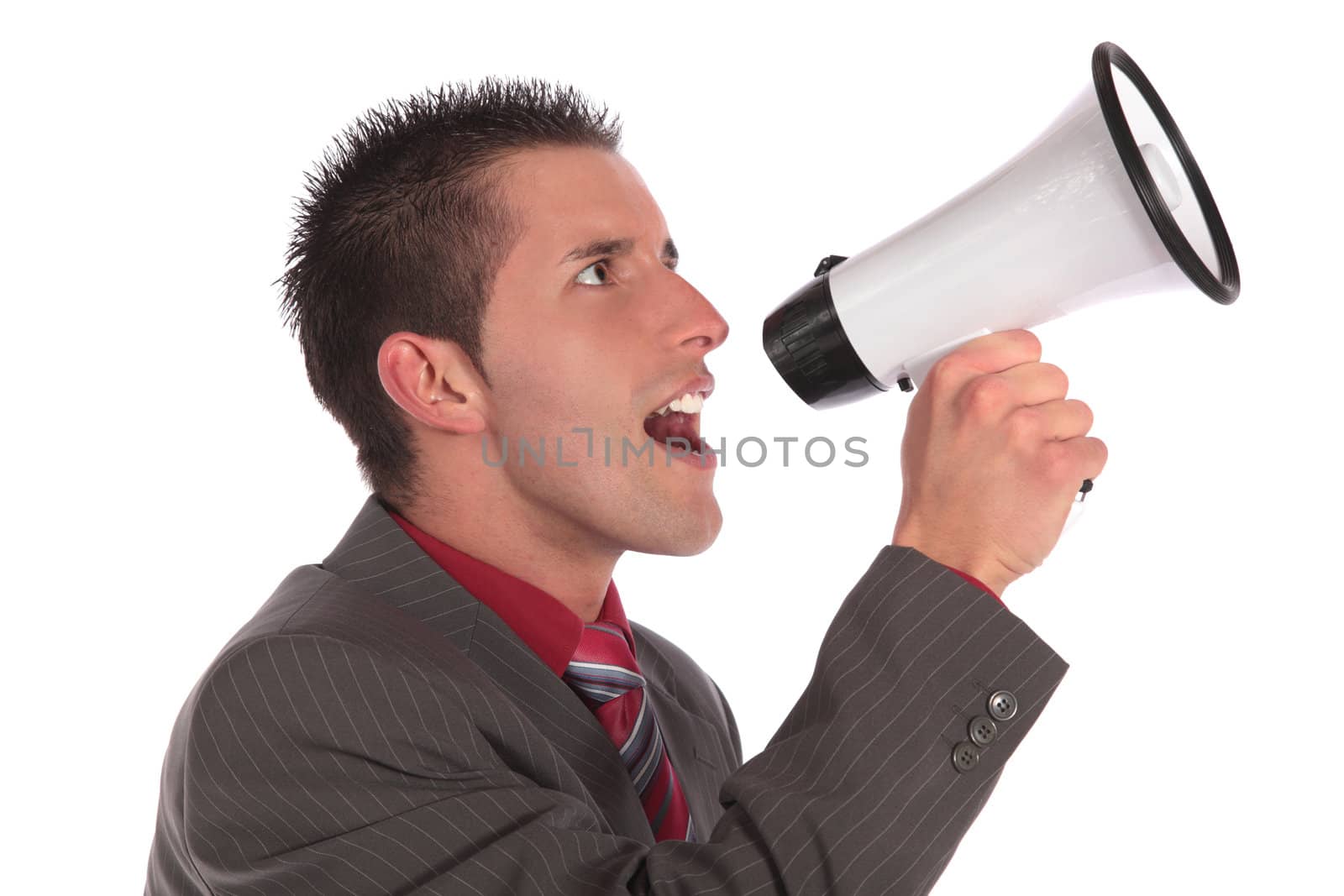 A handsome businessman using a megaphone. All on white background.