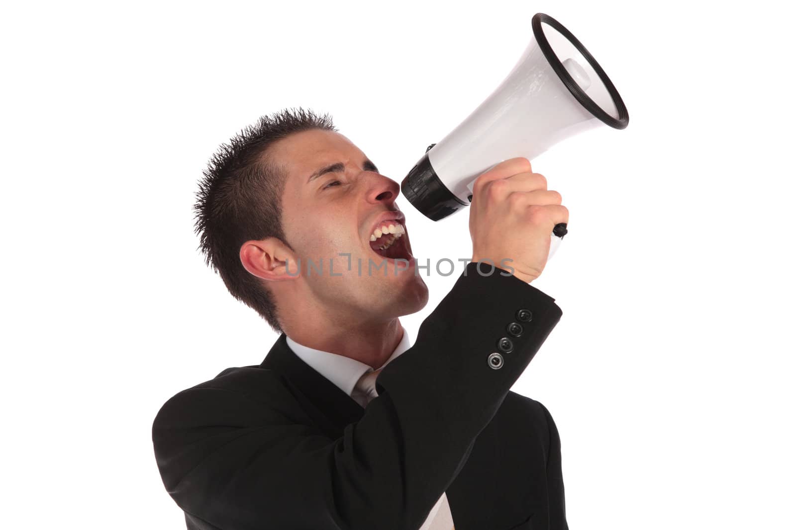 A handsome businessman using a megaphone. All on white background.