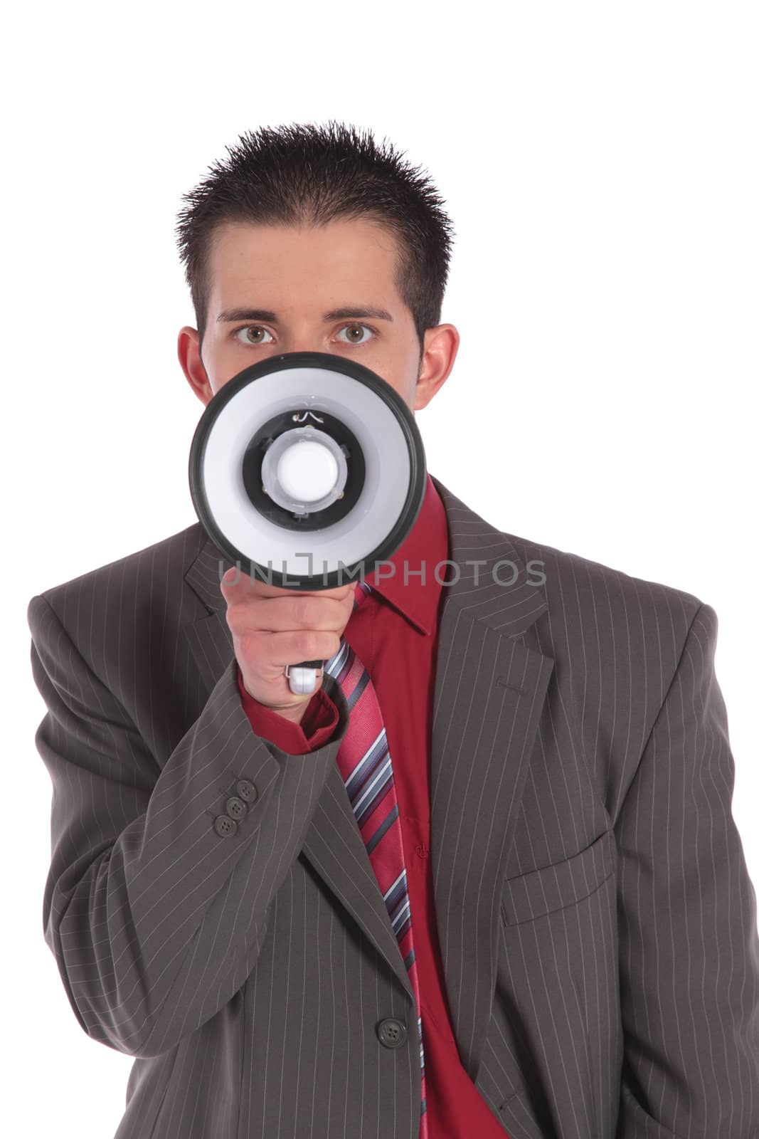 A handsome businessman using a megaphone. All on white background.