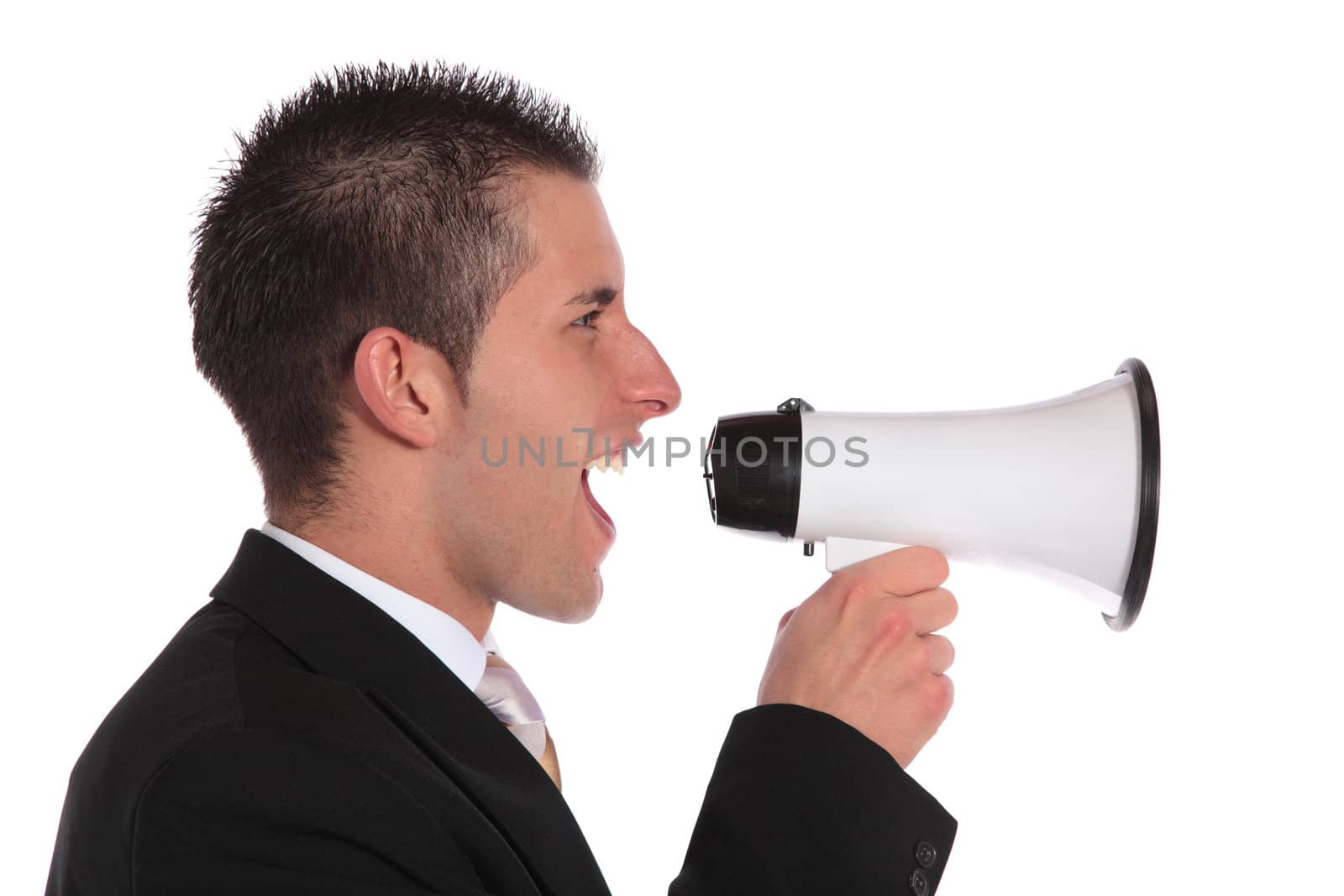 A handsome businessman using a megaphone. All on white background.