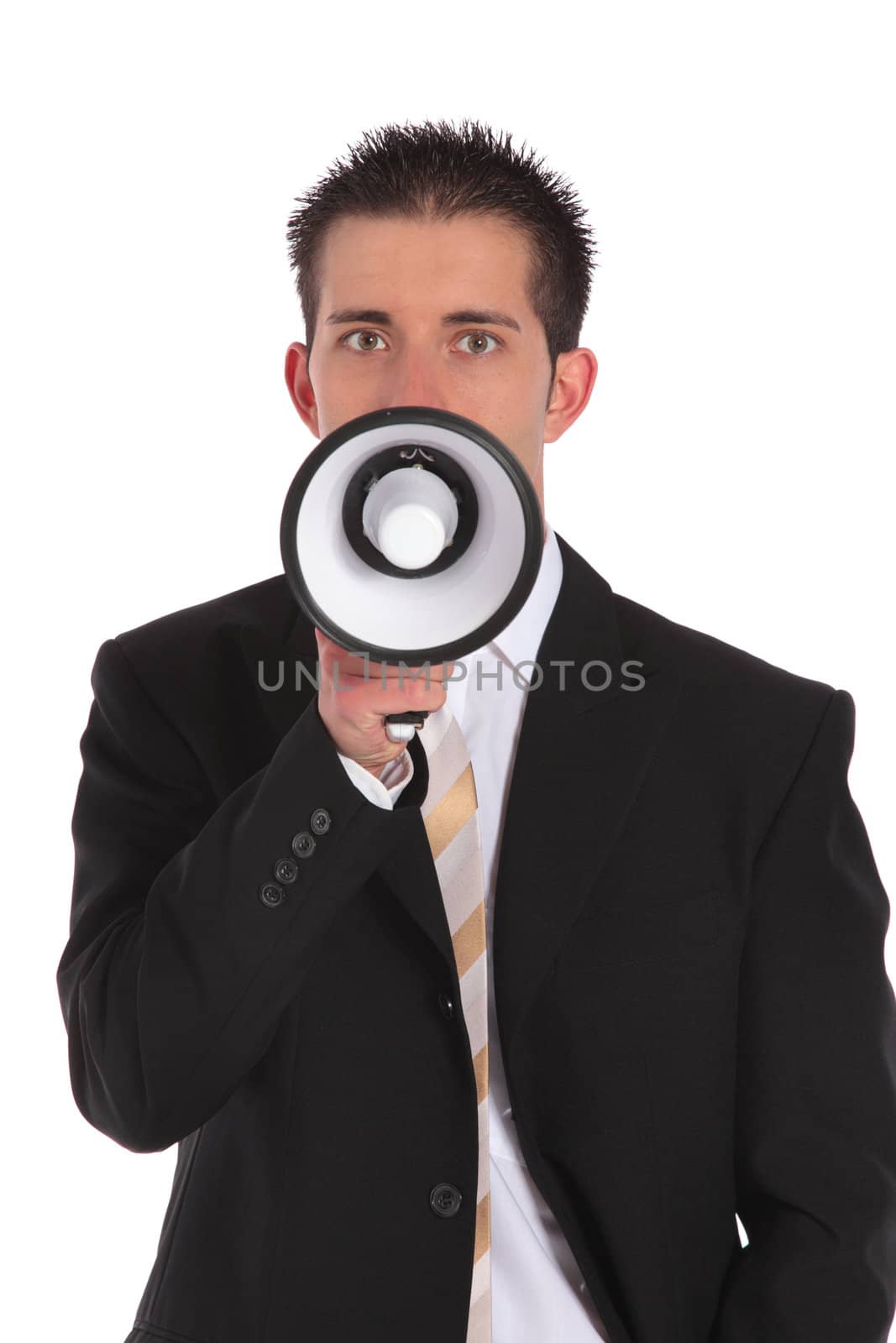 A handsome businessman using a megaphone. All on white background.