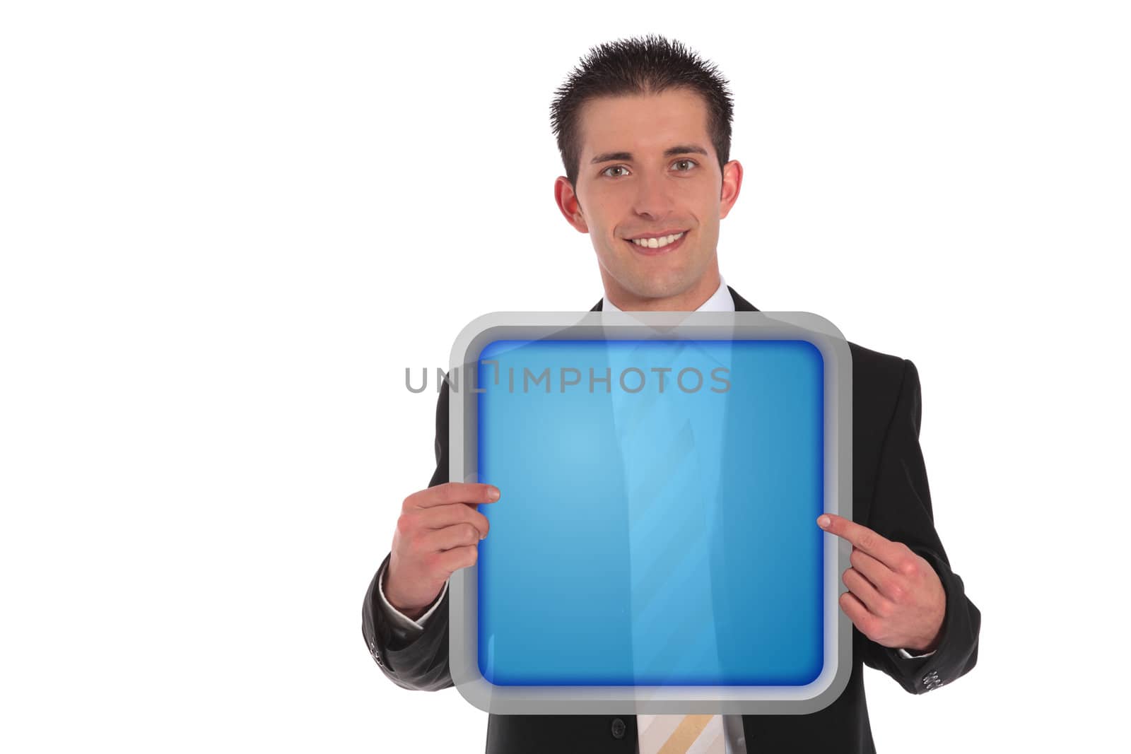 A handsome businessman holding a blank sign. All on white background.