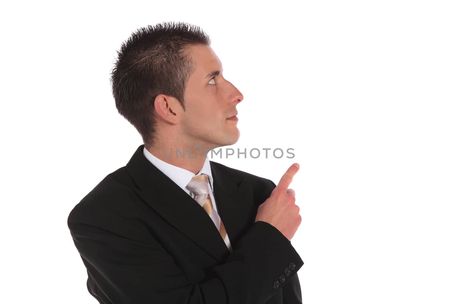 A handsome businessman pointing with finger. All on white background.