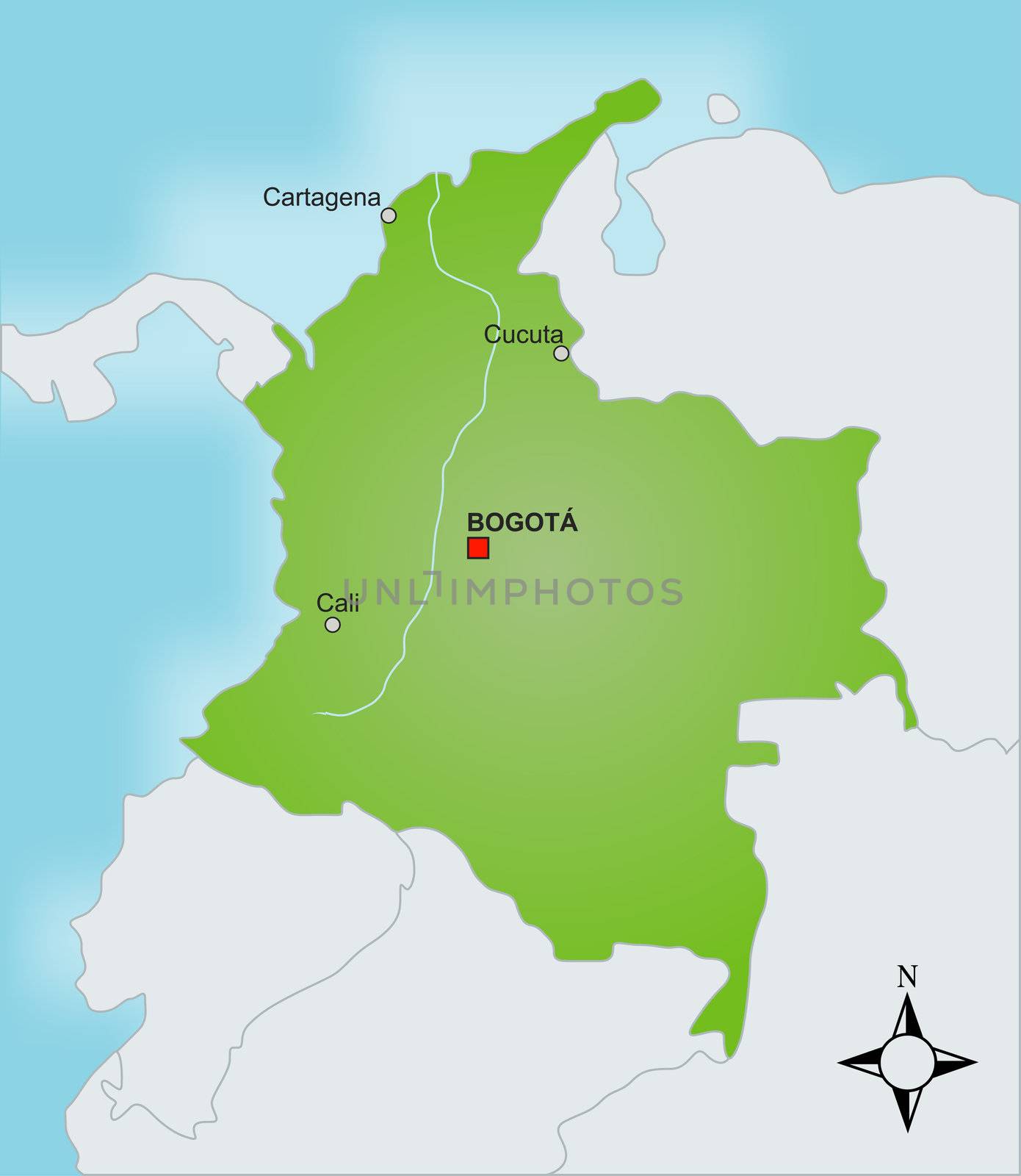 A stylized map of Colombia showing different cities and nearby countries.