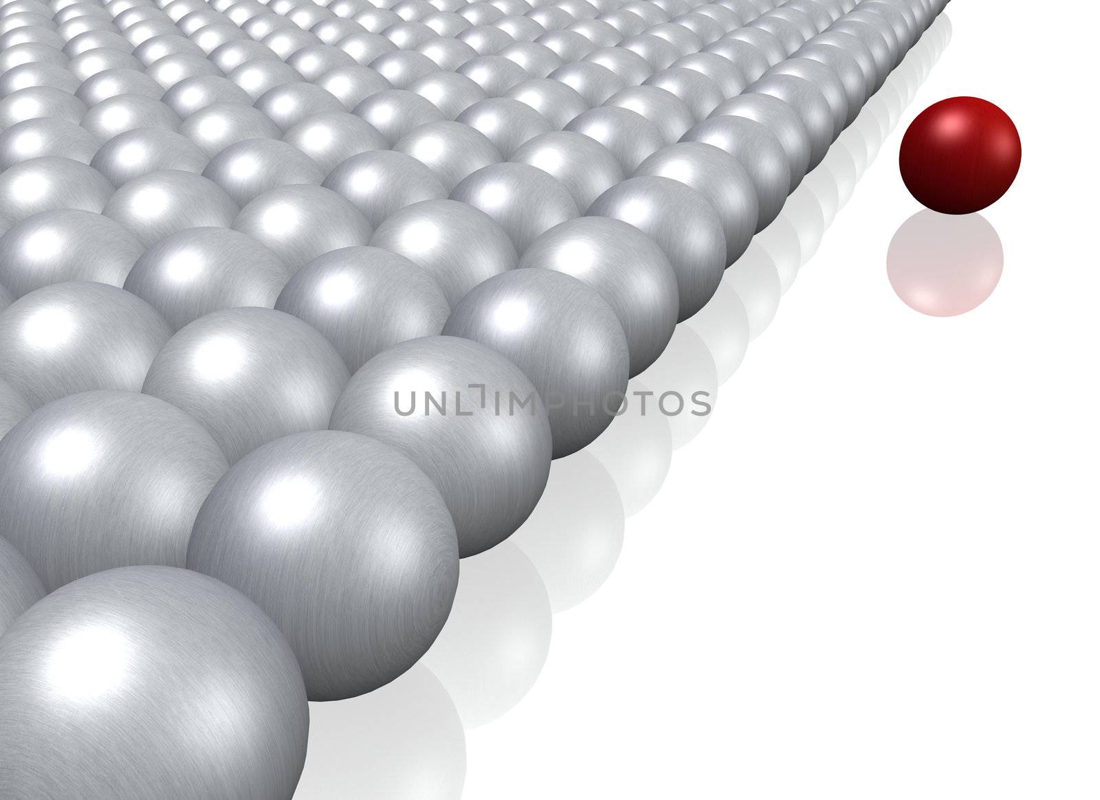 A single red ball lying next to a crowd of grey balls.