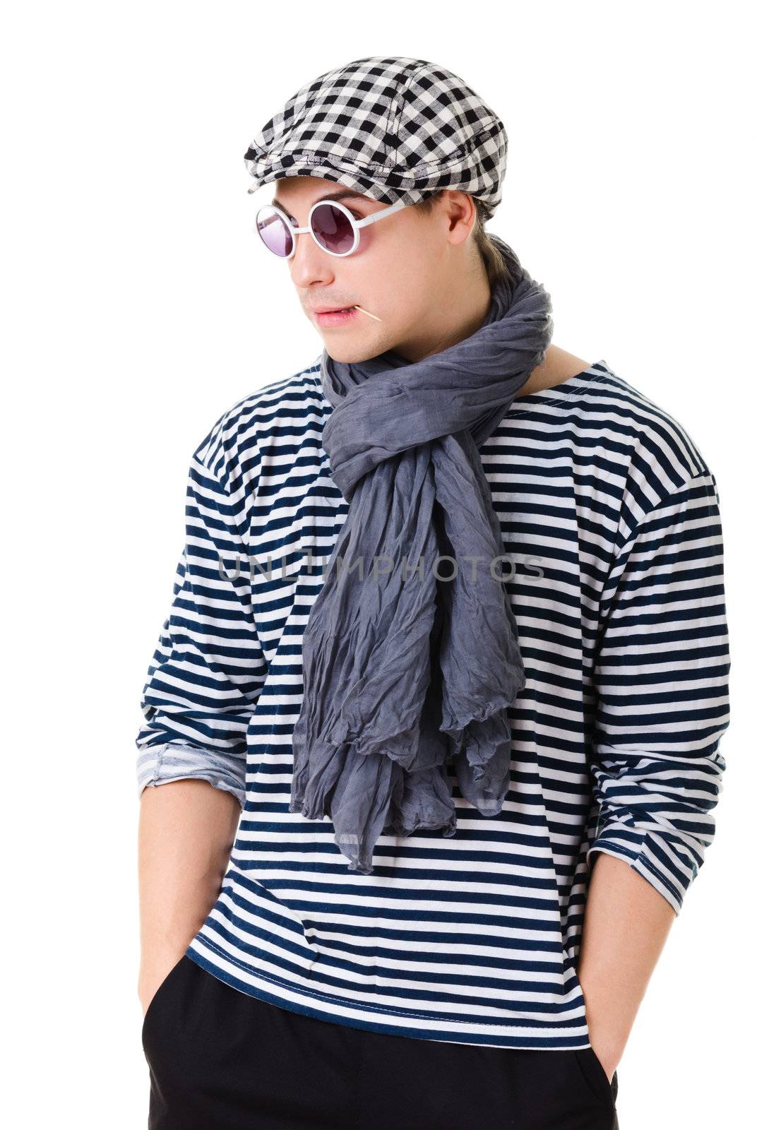 Young retro stylish man in striped clothes, glasses and hat isolated on white background