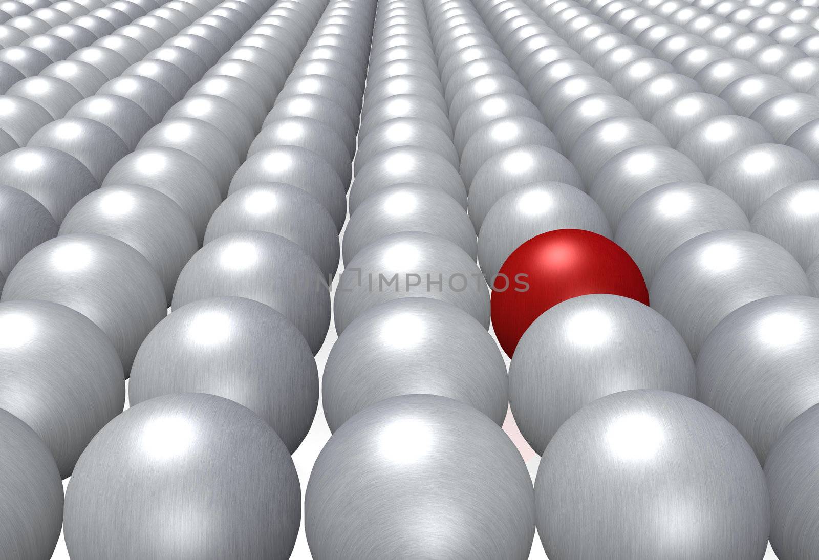 A single red ball fully integrated in a crowd of grey balls.