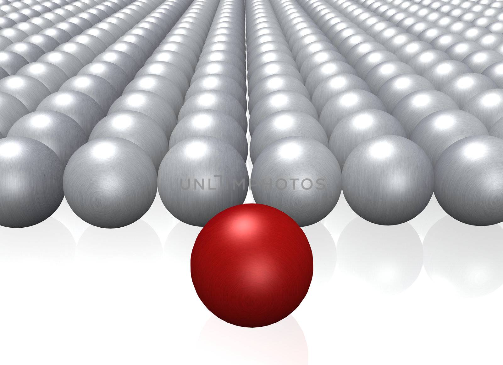 A single red ball among a crowd of grey balls.