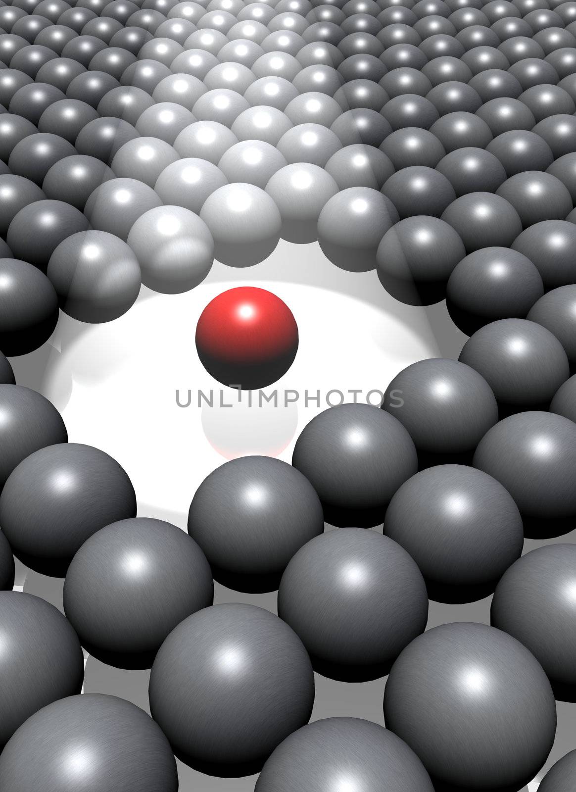 A single highighted red ball among a crowd of grey balls.