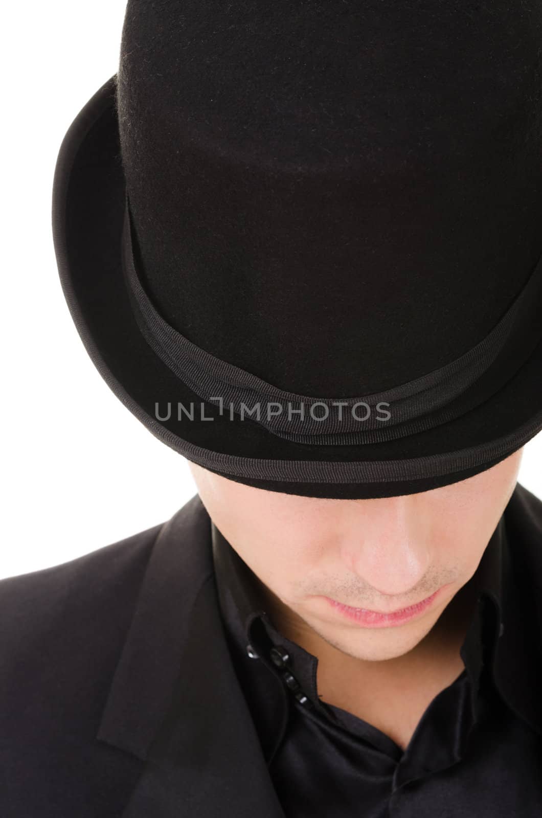 Retro stylish man in black hat and suit by iryna_rasko